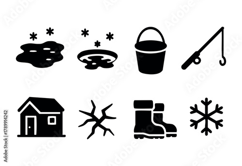 A set of eight monochrome winter icons, including puddles, a bucket, fishing rod, house, cracked ground, boots, and snowflakes. The style is simple, bold, and easily scalable.