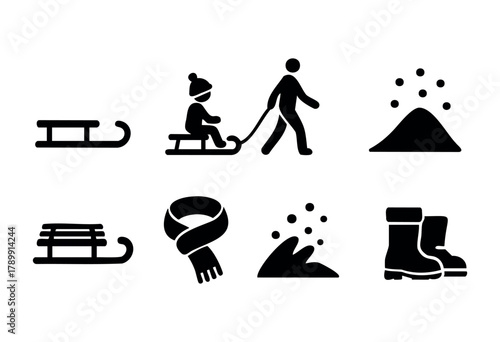 Set of eight winter related icons in bold black silhouette style. Includes sled, child on sled, adult pulling sled, snowdrift, scarf, snow pile, and winter boots. Perfect for winter themed projects.