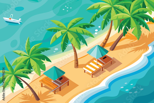 Vibrant beach scene featuring palm trees, two striped loungers under umbrellas, golden sand, and turquoise waves. A peaceful coastal getaway inviting relaxation, sun, and summer travel.
