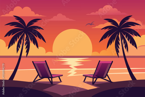 Sunset Beach Scene With Palm Trees And Lounge Chairs Over Calm Ocean Horizon