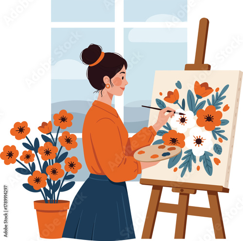 Woman artist painting floral artwork on easel