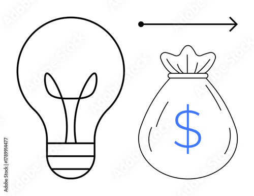 Light bulb and money bag connected by arrow symbolize idea generation, innovation, profitability, entrepreneurship, business growth, investment, and success. Ideal for simple flat metaphor
