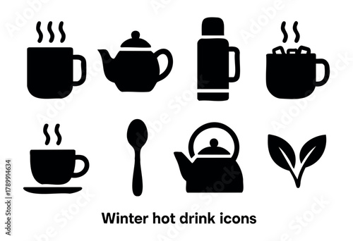 Collection of eight monochrome vector icons depicting various hot beverages and tea-related items. The style is simple and minimalist, perfect for websites or apps related to cafes, restaurants, or te