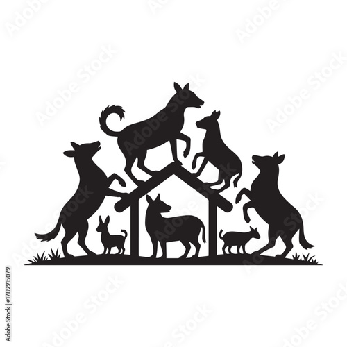 Silhouette of dogs and puppies in and around a dog house