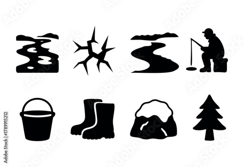 A set of eight black glyph icons depicting winter activities and objects: river, cracked ice, fisherman, bucket, boots, snow-covered rock, and pine tree. The style is simple, bold, and easily scalable