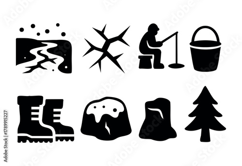A set of eight monochrome icons depicting winter activities and elements. The icons are simple, bold, and easily recognizable, representing a frozen river, ice crystals, ice fishing, a bucket, boots, 
