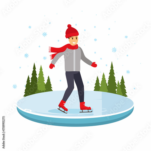A happy young man in a red hat and scarf enjoys a "day of winter fun" while ice skating on an outdoor rink in a snowy forest