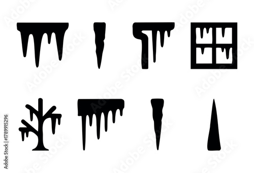 Collection of eight icicle icons in black silhouette style. Different shapes and sizes of icicles, including icicles hanging from a roof, a tree, and a window. Perfect for winter design projects.