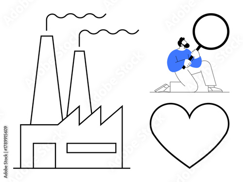 Factory with smoke, person holding magnifying glass examining environmental impact, and heart symbol. Ideal for sustainability, pollution, eco-awareness, society care, green industry, corporate