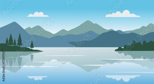 Serene mountain lake landscape illustration with clear blue water reflections and distant peaks under a calm sky, perfect for nature and travel concepts