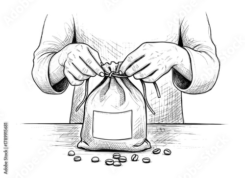 Hand Tying Drawstring Coffee Bean Bag in Classic Line Art. Vector Illustration for Artisanal Craftsmanship.