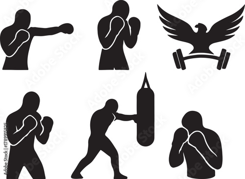 Boxing and fitness workout silhouettes, eagle and barbell set Vector, illustration