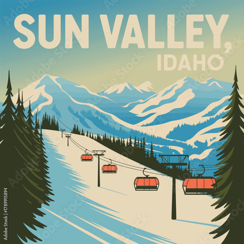 Retro Travel Poster. Sun Valley Idaho Ski Resort Landscape and Vintage Mountain Illustration