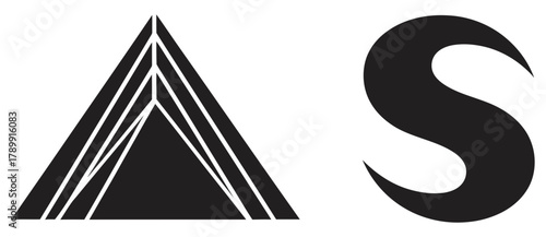 Abstract black and white vector icon set featuring a modern geometric triangle and a fluid serpentine S-shape, perfect for minimalist logos