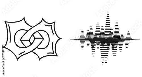 Collection of linear icons featuring an abstract impossible knot and a digital audio waveform equalizer display for music and technology