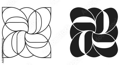 Abstract Geometric Design Featuring Interlocking Petal-Like Shapes in a Circular Arrangement with a Swirling Motion, Rendered in Outline and Solid Black and White