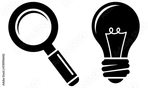 Magnifying glass revealing a glowing light bulb, symbolizing discovery, ideas, and innovation, a visual metaphor for insight and breakthroughs in research and development