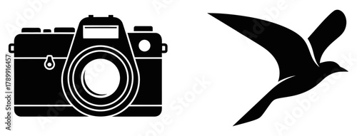 A symbolic representation of wildlife photography, featuring a classic camera icon alongside a graceful bird in flight, embodying the art of nature