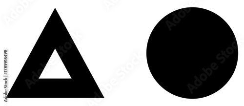 Minimalist monochrome vector illustration featuring two basic geometric forms, a hollow triangle and a solid circle symbol set on a plain background