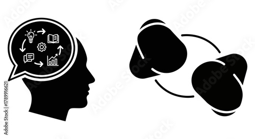 Conceptual illustration of a person's thoughts and ideas, with interconnected objects, symbolizing brainstorming, communication, and innovation processes
