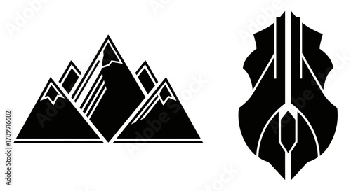 Majestic Peaks & Modern Shield A Dynamic Duo of Mountain Scenery with Abstract, Geometric Design in Silhouette, Black & White Harmony