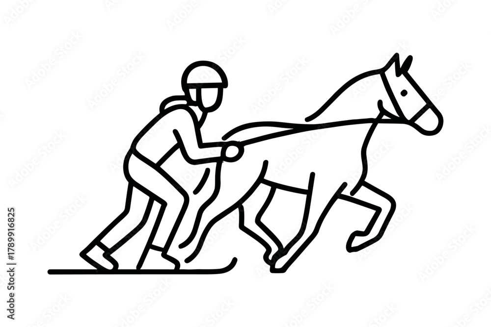 Fototapeta premium Skijoring sport icon with skier and horse for winter recreation and outdoor activity themes. Action symbol for apps, guides, and infographics. Vector illustration.