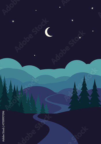 Serene night landscape with winding road through hills under a crescent moon and starry sky