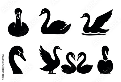 Collection of eight black silhouette swan illustrations. Different poses and angles are shown, including swans swimming, facing forward, and in profile. Ideal for logo design, branding, or decorative 