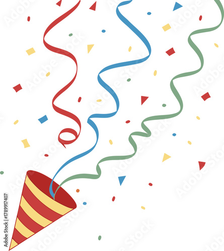 Illustration of a red and yellow party popper releasing red, blue, and green streamers with colorful confetti, conveying a festive, joyous celebration.