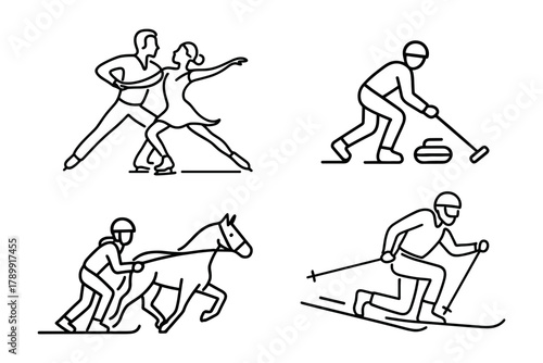 Winter sports icon set with figure skating, curling, skijoring, and skiing. Linear style symbols for apps, infographics, and educational materials. Vector illustration.
