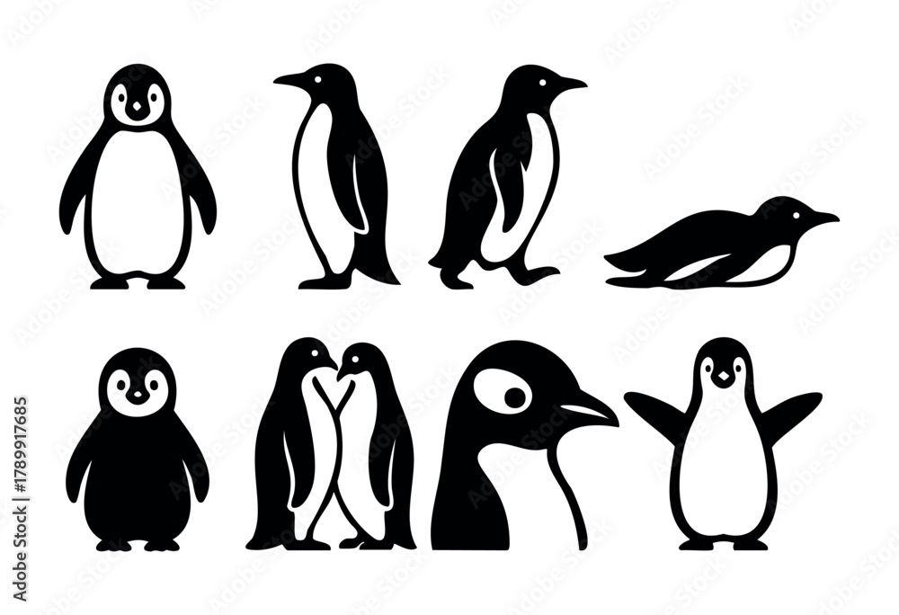 Naklejka premium Collection of eight black and white penguin illustrations in various poses and sizes. Simple line art style, suitable for children's books, logos, or educational materials.