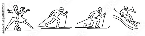 Winter sports icon set with figure skating, cross-country skiing, and alpine skiing. Linear pictograms for apps, guides, and educational materials. Vector illustration.