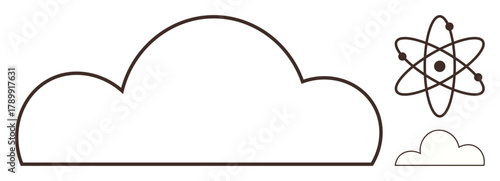 Minimalist cloud and atom sketch portrays scientific research, technology, cloud computing, education, innovation, data security, and digital transformation simple flat metaphor