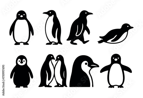 Collection of eight black and white penguin illustrations in various poses, including standing, walking, and cuddling. Simple, minimalist line art style. Ideal for children's books, branding, or web d