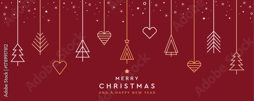 merry christmas card with hanging decoration in form of tree and heart vector illustration