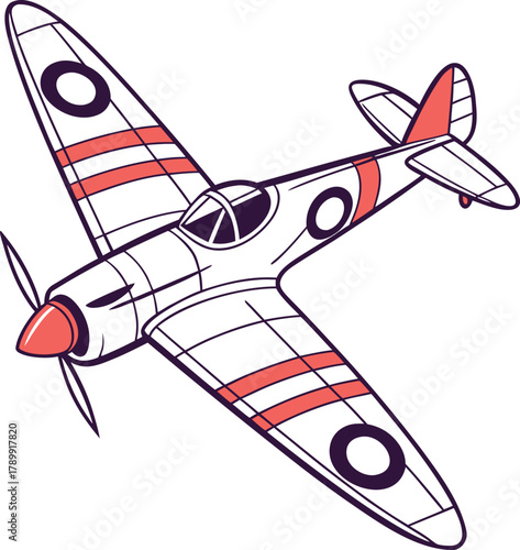 Illustration of a vintage fighter plane with red and black circular markings. It has a propeller and red-striped wings, conveying a sense of nostalgia and speed.