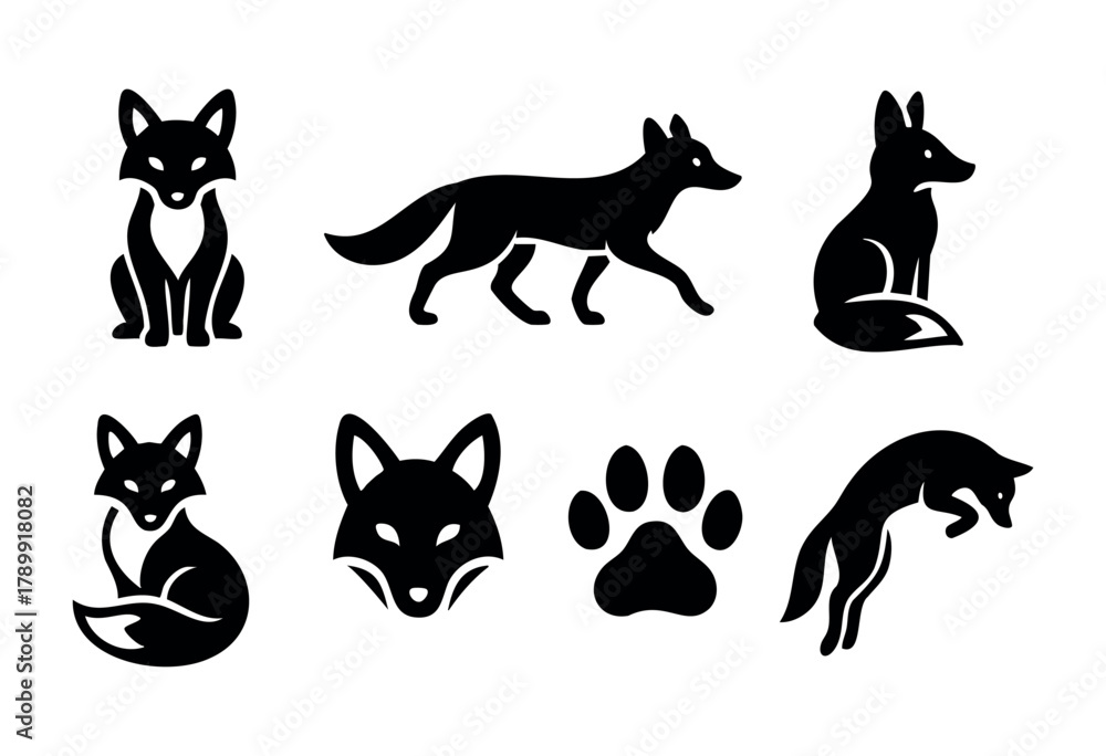 Fototapeta premium Set of eight black silhouette fox icons in different poses, including sitting, walking, jumping and head, plus a paw print. Perfect for logo, branding, or design elements.