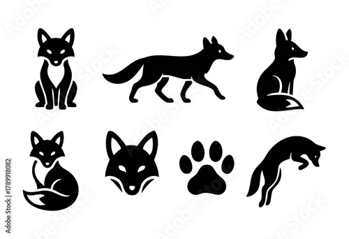 Set of eight black silhouette fox icons in different poses, including sitting, walking, jumping and head, plus a paw print. Perfect for logo, branding, or design elements.