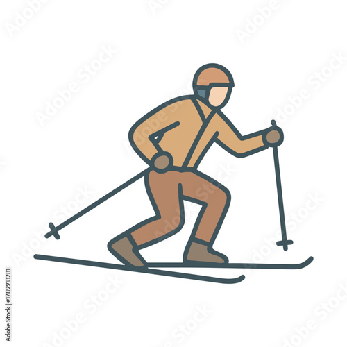 Cross-country skier icon for winter sport and outdoor activity themes. Flat style character for apps, infographics, and fitness content. Vector illustration.