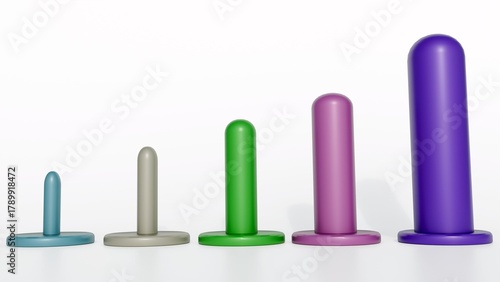 A 3d rendering of a set of vaginal dilators, medical devices used for progressive vaginal dilation therapy in the treatment of conditions like vaginismus or dyspareunia.