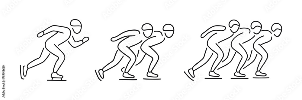 Fototapeta premium Speed skating icon set with individual and group racers in motion. Linear winter sport symbols for infographics, apps, and activity design. Vector illustration.