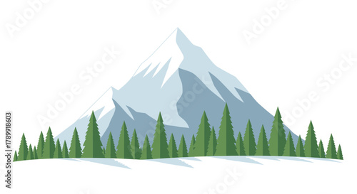 Majestic mountain peak with snow and evergreen trees, perfect for outdoorsy adventures, winter holiday promotions, and travel inspiration