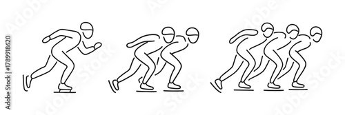 Speed skating icon set with individual and group racers in motion. Linear winter sport symbols for infographics, apps, and activity design. Vector illustration.