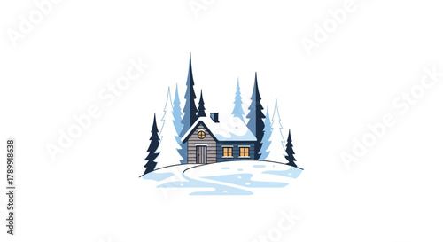Cozy cabin retreat illustration amidst snow-covered pine trees, perfect for winter holiday designs or creating a warm, inviting atmosphere, originally scalable graphics