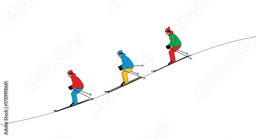 Three skiers gracefully gliding down a mountain slope, vibrant colors and dynamic movement create an inviting winter sports scene, perfect for adventure themes