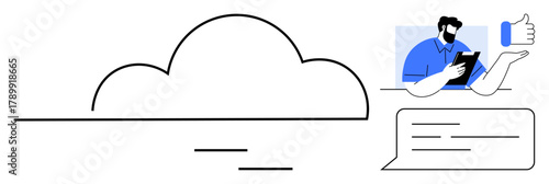 Cloud graphic, person interacting with tablet, thumbs-up icon, and chat bubble. Ideal for tech, communication, feedback, remote work IT services innovation modern connectivity. Simple flat