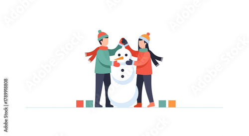 Joyful winter fun building a snowman together, a couple enjoys a playful moment in the snow, embracing the holiday spirit and creating lasting memories