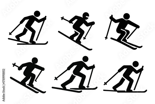 Skiing icon set with various downhill and cross-country positions. Silhouette winter sport symbols for infographics, apps, and activity design. Vector illustration.