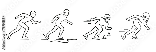 Speed skating icon set with athletes in dynamic motion and training elements. Linear style winter sport illustrations for apps, infographics, and fitness materials. Vector illustration.