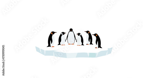 Charming group of penguins gathered on a floating ice floe, perfect for wildlife conservation campaigns, or educational materials about Antarctic animals